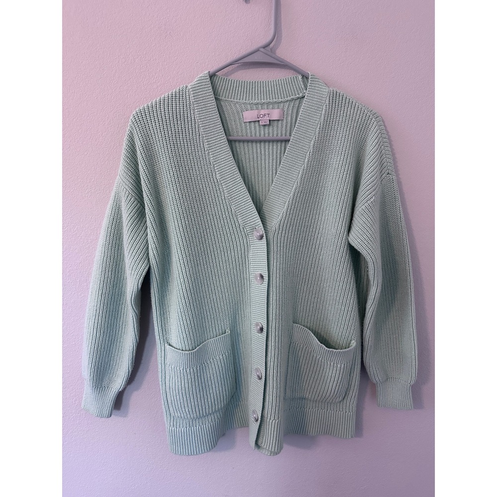 LOFT Cardigan Sweater Small Mint Green Shaker Knit Button Front Pocket womens